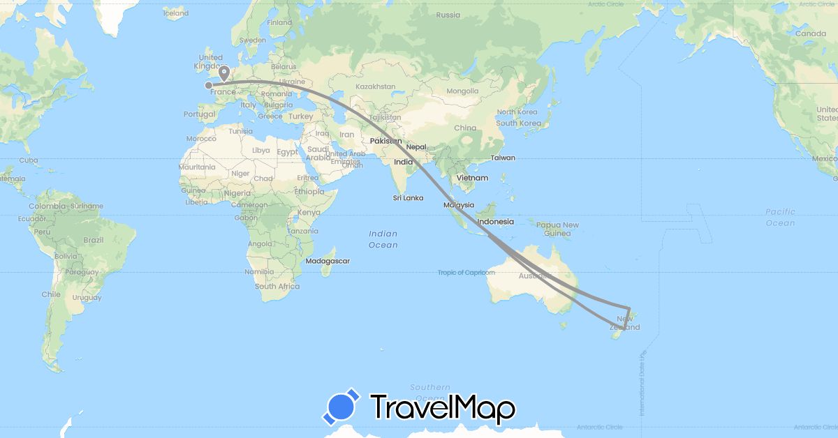TravelMap itinerary: driving, plane in Australia, France, Indonesia, Malaysia, New Zealand (Asia, Europe, Oceania)